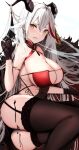  1girl aegir_(azur_lane) aegir_(golden_dragon_among_auspicious_clouds)_(azur_lane) ass azur_lane bangs bare_shoulders black_gloves black_panties blush breasts brown_thighhighs cleavage collarbone dress earrings gloves highres horns itete jewelry large_breasts long_hair looking_at_viewer multicolored_hair official_alternate_costume panties red_dress red_hair sideless_outfit smile solo streaked_hair thighhighs thighs underwear white_hair yellow_eyes 