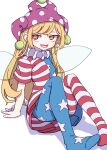  1girl absurdres american_flag_dress american_flag_legwear arm_support blonde_hair blush clownpiece dress fairy fairy_wings fang hat highres jester_cap kame_(kamepan44231) long_hair one-hour_drawing_challenge open_mouth pantyhose pink_headwear polka_dot polka_dot_headwear red_eyes simple_background skin_fang solo star-shaped_pupils star_(symbol) star_print striped striped_dress striped_pantyhose symbol-shaped_pupils touhou white_background wings 