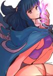 1girl aosora2823 blue_hair breasts cape ein_(one_piece) fire highres long_hair medium_breasts one_piece one_piece_film:_z pink_eyes pink_fire scar shirt short_shorts shorts simple_background solo 