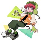  1boy animification black_shirt fingerless_gloves gloves green_headwear highres jacket kxh-hxk kyle_broflovski looking_at_viewer male_child male_focus midriff_peek open_clothes open_jacket open_mouth red_hair shirt shoelaces shoes smile solo south_park 