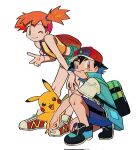  1boy 1girl ash_ketchum breasts commentary_request highres leaning_forward looking_at_viewer misty_(pokemon) navel one_eye_closed orange_hair pikachu pokemon pokemon_(anime) pokemon_(creature) shoes short_hair shorts side_ponytail smile sneakers spiked_hair suspenders umebosibakari2 w white_background 
