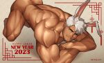  1boy 2023 all_fours animal_ears bara beard chinese_new_year chinese_zodiac completely_nude dark-skinned_male dark_skin facial_hair happy_new_year highres large_pectorals male_focus mature_male muscular muscular_male mustache nude original pectorals rabbit_ears red_eyes ruisselait short_hair sideburns smile solo stubble thick_eyebrows thick_thighs thighs white_hair year_of_the_rabbit 