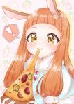  ! 1girl animal_ears bangs blunt_bangs blush bubble capelet carrot food fur-trimmed_capelet fur_trim highres holding holding_food holding_pizza horse_ears ichihara_nina idolmaster idolmaster_cinderella_girls lens_flare long_hair low_tied_sidelocks melting mo_chito27 mouth_hold orange_hair pizza signature solo sparkle spoken_exclamation_mark upper_body very_long_hair 