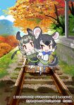  2girls animal_ears black_hair boots bow bowtie brown_eyes chinchilla_(kemono_friends) degu_(kemono_friends) extra_ears grey_hair kemono_friends kemono_friends_3 kurokw looking_at_viewer mouse_ears mouse_girl mouse_tail multiple_girls official_art open_mouth pantyhose shirt short_hair shorts suspenders tail 