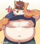  2023 anthro band-aid bandage belly big_belly blush bottomwear canid canine canis clothed clothing clothing_lift diru11 domestic_dog hi_res humanoid_hands kemono male mammal moobs navel nipples overweight overweight_male pants shirt shirt_lift solo topwear 