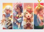  4girls animal animal_on_head antlers bird bird_on_head black_hair blonde_hair blue_shirt blush breasts chick cleavage closed_mouth collarbone cow_horns dragon_horns dragon_tail dress ebisu_eika fingernails green_tail grey_hair grin hand_on_own_cheek hand_on_own_face hand_up haori horns japanese_clothes kicchou_yachie large_breasts looking_at_viewer multicolored_hair multiple_girls niwatari_kutaka on_head open_mouth orange_dress orange_eyes pink_lips puffy_short_sleeves puffy_sleeves red_eyes red_hair red_horns scales sharp_fingernails sharp_teeth shirt short_hair short_sleeves smile split-color_hair stone tail teeth touhou turtle_shell two-tone_hair ukata ushizaki_urumi white_dress white_hair white_shirt wily_beast_and_weakest_creature yellow_horns 