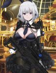  1girl absurdres ammunition_pouch animal_ears black_pantyhose blue_necktie breasts casino closed_mouth cuff_links defy_(girls&#039;_frontline) detached_collar drum_magazine english_commentary fake_animal_ears girls&#039;_frontline gloves grey_hair hair_ribbon highres holding holding_weapon large_breasts light_smile long_sleeves looking_at_viewer magazine_(weapon) msa_major necktie pantyhose pouch purple_eyes radio_antenna ribbon rpk-16 rpk-16_(girls&#039;_frontline) russian_flag scope short_hair solo tactical_playboy_bunny tape trigger_discipline weapon 