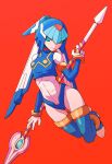  1girl android blue_eyes boots breasts gloves helmet holding holding_polearm holding_weapon leviathan_(mega_man) looking_at_viewer mega_man_(series) mega_man_zero metric80019 polearm red_background robot robot_girl simple_background smile solo spear thigh_boots thighhighs weapon white_gloves 