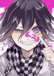  1boy bangs blood blush checkered_clothes checkered_scarf danganronpa_(series) danganronpa_v3:_killing_harmony flipped_hair grin hair_between_eyes half-closed_eye hand_up highres index_finger_raised jacket male_focus ouma_kokichi pink_background pink_blood portrait purple_eyes scarf smile solo teeth white_background yumaaaaa0125 