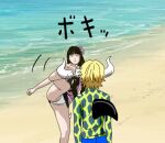  1boy 1girl animal_print artist_self-insert beach blonde_hair check_commentary commentary commentary_request dellinger_(one_piece) flower hair_flower hair_ornament high_kick horns kicking kikuhara_satuki lowres one_piece partial_commentary self-upload shark_fin shorts swimsuit 