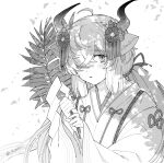  1girl animal_ears cow_ears cow_girl cow_horns extra_ears hair_ornament horns japanese_clothes kemono_friends kemono_friends_3 kimono kurokw long_hair looking_at_viewer miko open_mouth ribbon simple_background solo white_background white_kimono yak_(kemono_friends) 
