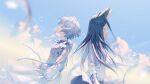  animal_ears bangs blue_ribbon blue_sky center_frills character_request closed_eyes cloud commentary_request day dress frills from_side grey_hair highres long_hair long_sleeves myo_sotis nkshoujo open_mouth outdoors profile puffy_long_sleeves puffy_sleeves ribbon ritsuki shirt short_sleeves sky sleeves_past_wrists tail very_long_hair virtual_youtuber white_dress white_shirt 