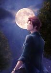  1boy blue_coat coat earrings full_moon highres jewelry looking_at_viewer looking_back male_focus moon munakata_touya night night_sky readyyy! red_eyes red_hair seiyyy short_hair sky solo tree vertical-striped_coat watch wristwatch 