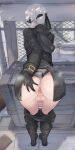  1boy anus ass bar_censor black_blindfold black_gloves blindfold boots censored clothes_pull commentary from_behind gloves highres long_sleeves nier_(series) nier_automata pants pants_pull penis shirabe_shiki short_hair spread_ass steaming_body testicles white_hair yorha_no._9_type_s 