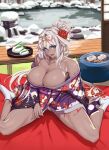 1girl animal_ears blue_eyes body_markings breasts caenis_(fate) cleavage collarbone dark-skinned_female dark_skin fate/grand_order fate_(series) floral_print flower food furisode hair_flower hair_ornament highres huge_breasts japanese_clothes kimono long_hair massive_kagawa muscular muscular_female nail_polish off_shoulder open_clothes open_mouth pink_nails smile socks spread_legs thighs toned white_hair white_socks 