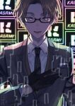  1boy :d backlighting bangs bespectacled black-framed_eyewear black_gloves black_necktie brown_eyes brown_hair brown_vest collared_shirt digital_dissolve earrings formal glasses gloves grey_jacket hand_on_own_chest highres jacket jewelry kagami_hayato looking_at_viewer lower_teeth_only male_focus necktie nijisanji parted_bangs pocket_square shirt short_hair smile solo straight-on suit_jacket teeth teria_(teriarian) upper_body vest virtual_youtuber white_shirt 