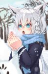  1girl :o animal_ears black_jacket blue_eyes blue_scarf braid breath cold fox_ears fox_girl fox_tail highres hololive jacket long_hair long_sleeves marubou_(saiko_isshin) open_mouth scarf shirakami_fubuki side_braid tail virtual_youtuber white_hair 