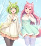  2girls :d animal_ear_fluff animal_ears bangs bare_shoulders black_pantyhose blush breasts clothing_request dress fox_ears fox_tail green_eyes green_fox_(sasaame) green_hair hairband highres long_sleeves medium_breasts miniskirt multiple_girls orange_skirt original outdoors pantyhose pink_eyes pink_fox_(sasaame) pink_hair purple_thighhighs ribbed_legwear sasaame short_dress skirt smile tail thighhighs winter 