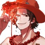  1boy black_hair fire freckles hat highres index_finger_raised looking_at_viewer male_focus one_piece portgas_d._ace short_hair smile solo upper_body yadu_nadu 