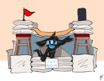  absurd_res anthro bar_stool bed_sheet bedding black_body blue_mouth drone flag furniture hi_res lettuce_(artist) male nelson_(ikefanboy64) pillow pillow_fort sign signature solo stool unknown_species visor welcoming 