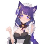  1girl alset animal_ears braid breasts cat_ears cat_girl cleavage detached_sleeves extra_ears flower frown genshin_impact hair_flower hair_ornament hand_up highres kemonomimi_mode long_hair long_sleeves looking_at_viewer maid medium_breasts paw_pose purple_eyes purple_flower purple_hair raiden_shogun solo upper_body 