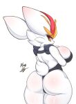  2023 absurd_res anthro big_breasts big_butt breasts butt cinderace cleavage clothed clothing eyelashes female generation_8_pokemon hi_res kyodashiro looking_back nintendo pokemon pokemon_(species) scut_tail short_tail simple_background smile solo tail thick_thighs white_background 