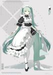  1girl absurdres apron aqua_eyes aqua_hair bangs black_bow black_bowtie black_dress black_footwear bow bowtie closed_mouth commentary dress frilled_apron frilled_dress frills full_body hatsune_miku highres layered_dress light_blush long_hair looking_at_viewer maid_headdress pili_0 ribbon-trimmed_apron ribbon_trim shoes sidelocks smile solo thighhighs twintails very_long_hair vocaloid white_apron white_thighhighs wrist_cuffs 