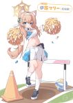  1girl absurdres animal_ear_fluff animal_ears blonde_hair blue_archive blue_eyes breasts cat_ears cheerleader cleavage commentary_request crop_top full_body hairband highres holding holding_pom_poms long_hair looking_at_viewer mari_(blue_archive) midriff miniskirt navel pleated_skirt pom_pom_(cheerleading) simple_background skirt smile socks solo stomach traffic_cone vanishedstar very_long_hair volleyball white_background white_hairband white_skirt white_socks 