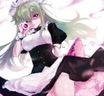  1girl agulo ass_visible_through_thighs breasts eyeball green_hair highres holding holding_eyeball holding_teapot kobayakawa_chinu large_breasts maid maid_headdress pink_eyes rance_(series) rance_10 smile solo teapot thighs upskirt 