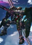  absurdres artist_name blue_eyes brayanong999 character_name cloud embers firing gun gundam gundam_00 gundam_dynames highres holding holding_gun holding_weapon mecha robot scope sky solo v-fin watermark weapon 