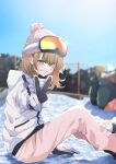  1girl bangs beanie blurry boots brown_eyes brown_hair depth_of_field from_side hat highres isshiki_iroha jacket lightpicture33 medium_hair outdoors pants pink_headwear pink_pants ski_goggles smile snow solo_focus v yahari_ore_no_seishun_lovecome_wa_machigatteiru. 