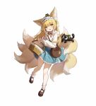  1girl absurdres animal_ears arknights basket black_cat blue_hairband blue_skirt brown_footwear cat fox_ears fox_girl fox_tail frilled_hairband frills full_body green_eyes hairband highres holding holding_basket kitsune luoxiaohei multiple_tails neck_ribbon red_ribbon ribbon shirt shoes simple_background skirt socks solo suzuran_(arknights) suzuran_(spring_praise)_(arknights) synring97 tail the_legend_of_luo_xiaohei white_background white_shirt white_socks 