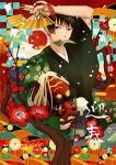  18915 1boy abstract_background absurdres axis_powers_hetalia black_hair brown_eyes falling_petals flower hand_fan highres holding holding_fan holding_mask japan_(hetalia) japanese_clothes mask money mouth_hold paper_fan petals short_hair solo sun_symbol tree waves 