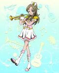  1girl blonde_hair boots bow full_body gloves green_eyes hair_bow half_updo highres instrument marching_band minamino_kanade official_art one_eye_closed precure precure_connection_puzzlun skirt smile solo suite_precure third-party_source trumpet white_bow white_gloves white_skirt 