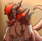  anthro big_breasts breasts dragon female hi_res horn hybrid mijak_(thony_dog) muscular muscular_female scalie smile solo tail teeth thony_dog view_from_below 