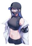  1girl absurdres bare_shoulders baseball_cap black_headwear black_shirt blue_archive blue_eyes blue_hair breasts commentary_request crop_top hat highres jacket large_breasts long_hair long_sleeves looking_at_viewer mask midriff mouth_mask navel off_shoulder open_clothes open_jacket saiun_sigma saori_(blue_archive) shirt simple_background sleeveless sleeveless_shirt solo stomach upper_body white_background white_jacket 