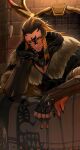  1boy absurdres arm_rest au_ra backlighting black_horns black_sclera bracer braid brown_hair cloak closed_mouth colored_sclera elbow_rest final_fantasy final_fantasy_xiv fingerless_gloves gloves hand_on_own_cheek hand_on_own_face hand_up highres horns indoors leaning_forward lips long_hair looking_at_viewer magnai_oronir male_focus multicolored_hair multiple_braids onimoti orange_hair scales sitting solo yellow_eyes 