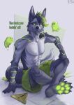  2023 4_toes 5_fingers absurd_res anthro artist_name bottomwear canid canine canis clothed clothing dialogue english_text exclamation_point feet fingers fur glowing glowing_eyes green_bottomwear green_clothing green_eyes green_shorts hi_res looking_at_viewer male mammal muscular muscular_anthro muscular_male pawpads paws profanity rz54 shorts sitting talking_to_viewer teeth text toes topless topless_anthro topless_male wolf yield_sign 