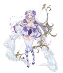  1girl absurdres arms_at_sides ass_visible_through_thighs blue_eyes bow_(weapon) breasts cleavage detached_sleeves flower full_body hair_flower hair_ornament highres holding holding_bow_(weapon) holding_weapon jia_kwon leotard long_hair long_sleeves looking_at_viewer medium_breasts original purple_flower purple_footwear simple_background solo strapless strapless_leotard thighhighs weapon white_background white_hair white_thighhighs 