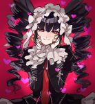  1girl bangs black_hair black_nails bonnet celestia_ludenberg closed_mouth danganronpa:_trigger_happy_havoc danganronpa_(series) drill_hair earrings frills gothic_lolita hands_up heart jacket jewelry lolita_fashion long_hair long_sleeves looking_at_viewer nail_polish necktie open_clothes open_jacket red_eyes red_necktie smile solo twin_drills twintails upper_body yumaaaaa0125 