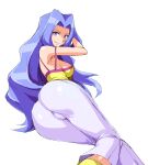  1girl ass bangs bare_arms bare_shoulders blue_eyes blue_hair breasts cameltoe crop_top evil_grin evil_smile grin high_heels karen_(pokemon) long_hair pants parted_bangs pokemon pokemon_(game) pokemon_hgss sideboob smile tesu wavy_hair white_pants yellow_crop_top 