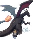 alternate_color charizard claws closed_mouth commentary_request fang fang_out fire flame flame-tipped_tail from_behind highres looking_back mo~zu no_humans pokedex_number pokemon pokemon_(creature) red_eyes shiny_pokemon signature simple_background solo white_background 