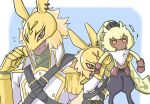  animal_humanoid anthro armor bandai_namco blonde_hair bottomwear clothing diarbbitmon digimon digimon_ghost_game ear_piercing ear_ring evolutionary_family fluffy_chest fur gloves hair handwear headgear helmet hi_res humanoid knight lagomorph lagomorph_humanoid leporid leporid_humanoid long_ears male mammal mammal_humanoid pants piercing ponytail_ears rabbit rabbit_humanoid ring_piercing shirtless symbareangoramon warrior yagi_kiki yellow_body yellow_fur 