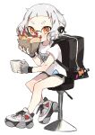  1girl backpack bag blush cup dolphin_shorts eating highres holding holding_cup ika_esu inkling inkling_girl light_blush looking_at_viewer shirt short_hair shorts simple_background sitting splatoon_(series) tentacle_hair water_gun white_hair white_shirt white_theme 