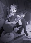  anthro canid canid_demon clothed clothing demon female furniture guitar hellhound helluva_boss inside loona_(helluva_boss) mammal mug musical_instrument playing_guitar playing_music plucked_string_instrument sofa solo string_instrument yakovlev-vad 