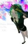  1other absurdres androgynous aqua_eyes aqua_hair arm_up balloon bangs belt birthday black_gloves black_shirt collared_shirt colored_eyelashes colored_skin cropped_legs dated elbow_gloves english_text from_above gem_uniform_(houseki_no_kuni) gloves green_eyes green_hair happy_birthday highres holding holding_balloon houseki_no_kuni loafers looking_up necktie other_focus parted_bangs phosphophyllite phosphophyllite_(ll) puffy_short_sleeves puffy_sleeves shirt shoes short_hair short_jumpsuit short_shorts short_sleeves shorts smile solo standing v white_belt white_skin zjpf7435 