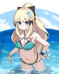  1girl bangs bikini black_bikini blonde_hair blue_bikini blue_eyes double_bikini flower hair_flower hair_ornament hand_on_hip long_hair missile_(pixiv) navel ocean pointy_ears ponytail princess_connect! saren_(princess_connect!) saren_(summer)_(princess_connect!) solo swimsuit wading wet 