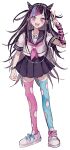  1girl :d absurdres asymmetrical_legwear bangs black_hair black_skirt blue_hair breasts danganronpa_(series) danganronpa_2:_goodbye_despair ear_piercing hair_horns hand_up highres jewelry long_hair looking_at_viewer miniskirt mioda_ibuki mismatched_legwear mouth_piercing multicolored_hair open_mouth piercing pink_eyes pink_hair pleated_skirt ring school_uniform serafuku shirt short_sleeves skirt smile solo teeth thighhighs upper_teeth_only w white_hair yumaaaaa0125 