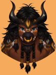  anthro black_hair blizzard_entertainment blue_eyes bovid bovine brown_body brown_fur facial_hair facial_piercing feathers fur fur_markings hair hi_res horn male mammal markings nekuromi nose_piercing nose_ring orange_background piercing ring_piercing simple_background solo tam_autumnsnout tauren warcraft 