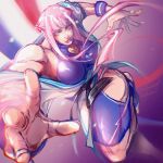  1girl absurdres blue_eyes dougi fefeather fighting_stance highres hime_cut hip_vent knee_up leg_up manon_(street_fighter) martial_arts_belt outstretched_hand pink_hair running spandex street_fighter street_fighter_6 wristband 